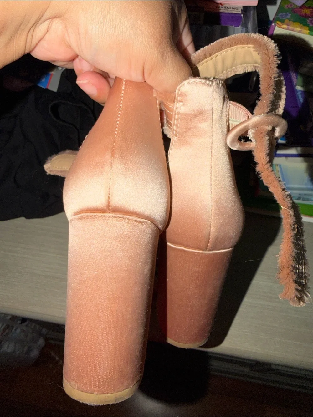 LC Lauren Conrad Blush Satin Ankle-Strap Block Heels